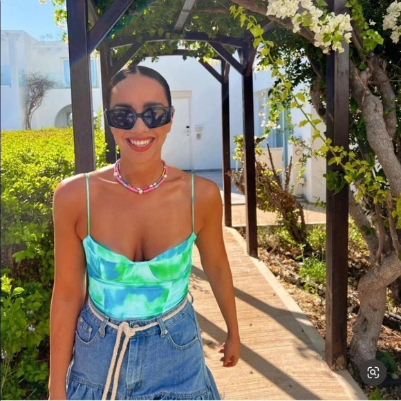 Zara Satin Effect Bustier Corset Bodysuit Blue Green Size Small Blogger Fave - Picture 3 of 15